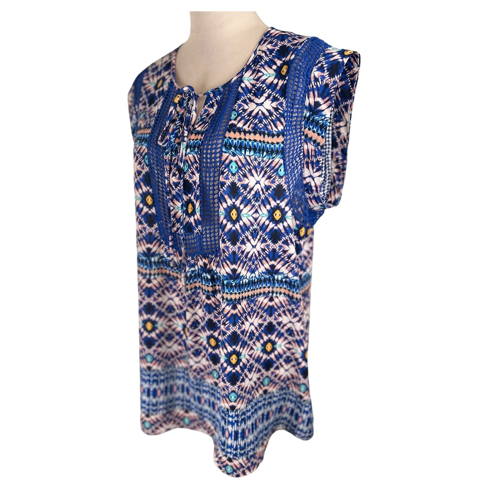 Daniel Rainn Blue Geometric Crochet Lace Sleeveless Blouse Women's Large